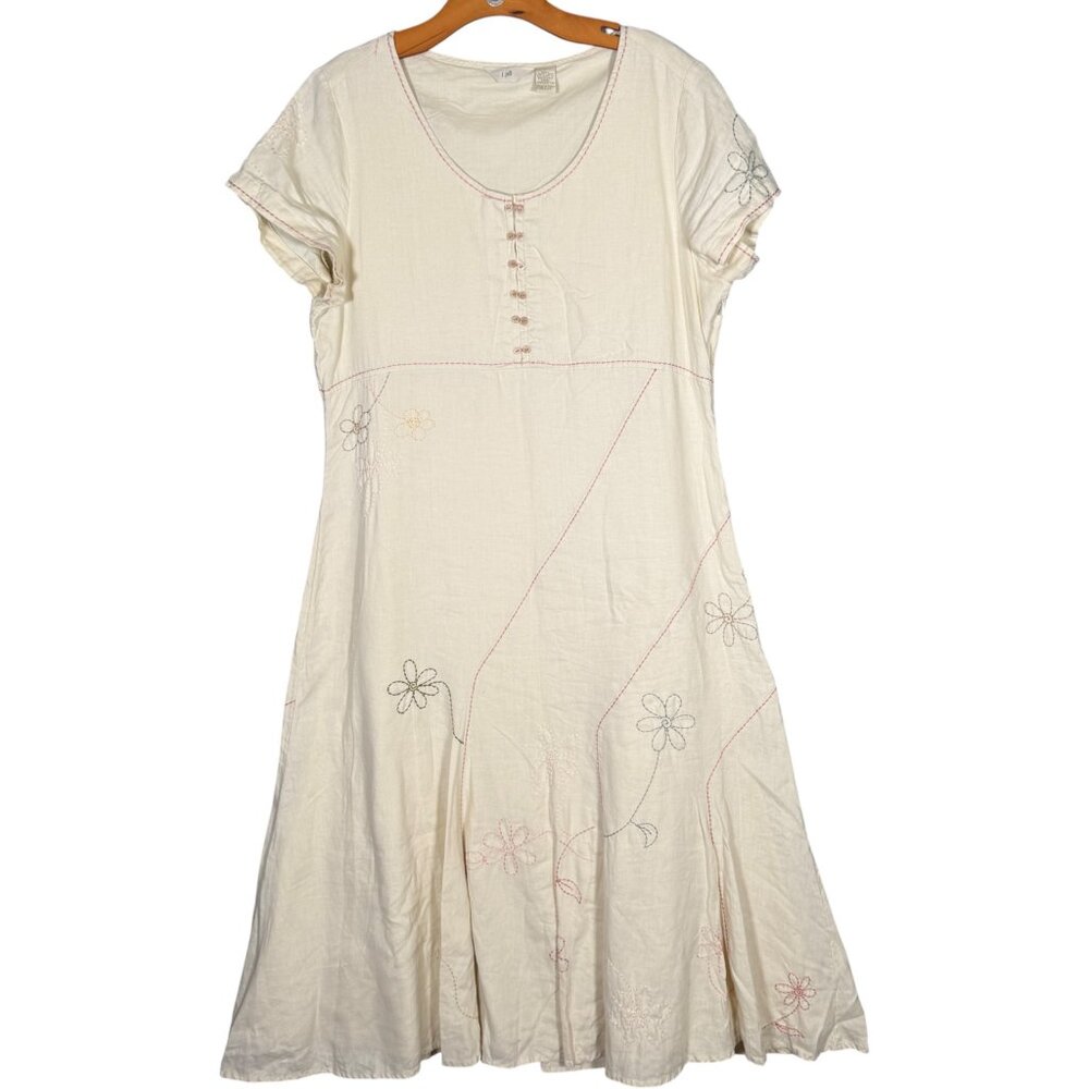 Vintage J. Jill 100% Linen Floral Embroidered Maxi Dress Beach Artsy Floral L